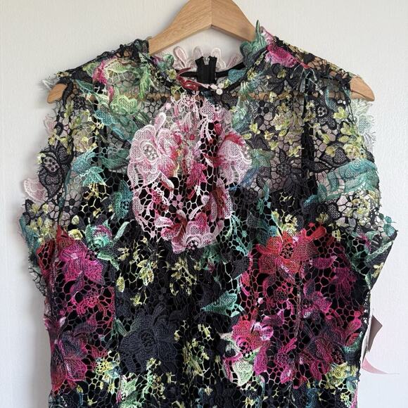 PAPER DOLLS London High Neck Black Pink Floral Crochet Lace Pencil Midi Dress 16 - Picture 5 of 15